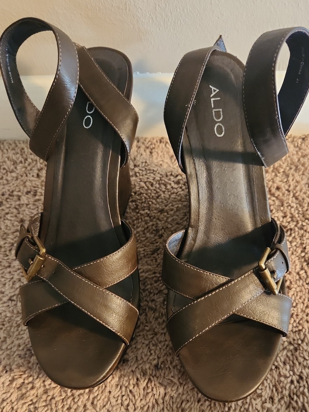 ALDO Dark Brown Cross-Strap Leather Wedge Sandals